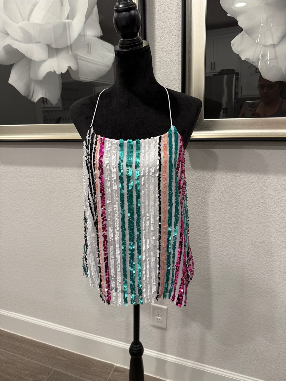 Almost Famous Striped Sequin Camisole - White, Teal, Pink, Black